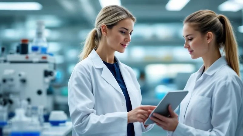 Sartorius-Ausbilderin erklaert einer Auszubildenden Laborgeraete in Goettingen