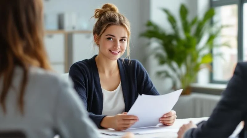Frau im Gespraech in einem hellen Buero in Goettingen, Unterlagen auf dem Tisch