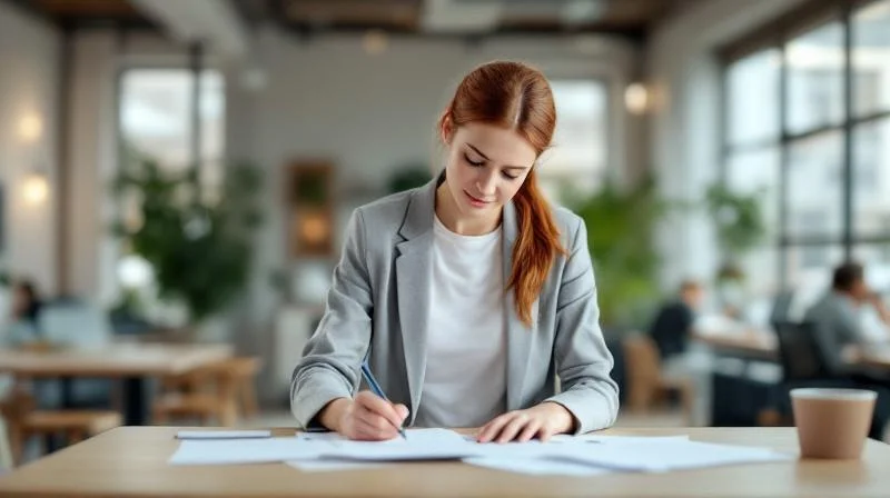 Frau mit Unterlagen in einem modernen Buero in Goettingen bereitet sich auf die IHK-Pruefung vor