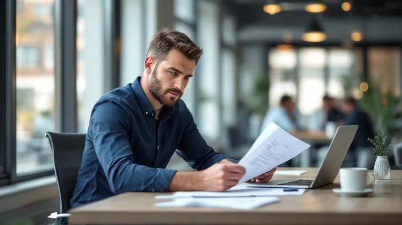 Mann studiert Unterlagen an einem aufgeraeumten Schreibtisch in einem modernen Buero in Goettingen