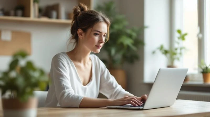 Frau arbeitet am Laptop in einem modernen Arbeitsbereich in Goettingen
