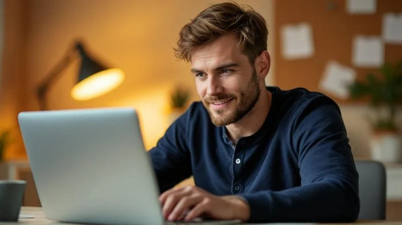Mann lernt am Laptop fuer den Wirtschaftsfachwirt in einem hellen Buero in Goettingen